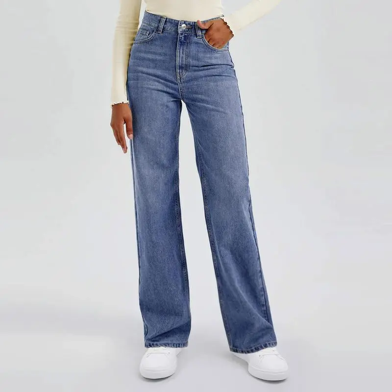 Women's simple high-waisted stretch wide-leg jeans