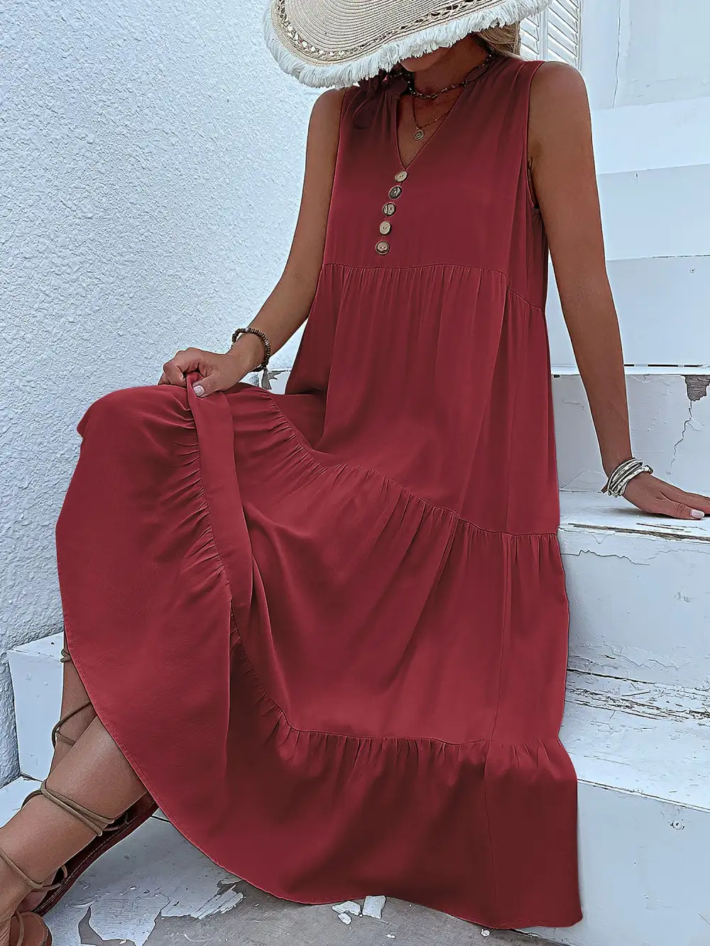 Notch-Neck Buttoned Sleeveless Tiered Midi Dress