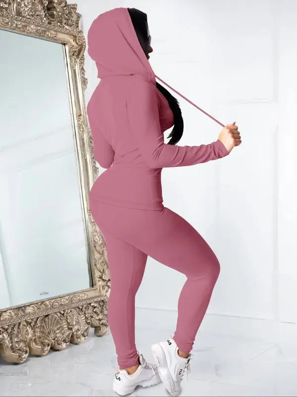 Women's Fall Zipper Hoodie and Skinny Pants Set, Casual Soft Long Sleeve Pullover with Pocket Design