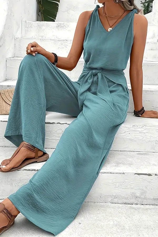 Color V Neck Knot Front Jumpsuit