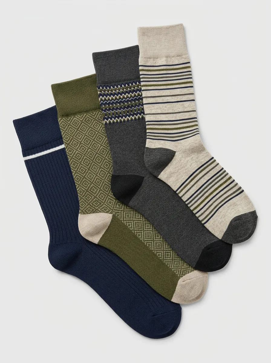 Striped Geometric Ribbed Texture Crew Length Men's Crew Socks Four-Pair Pack