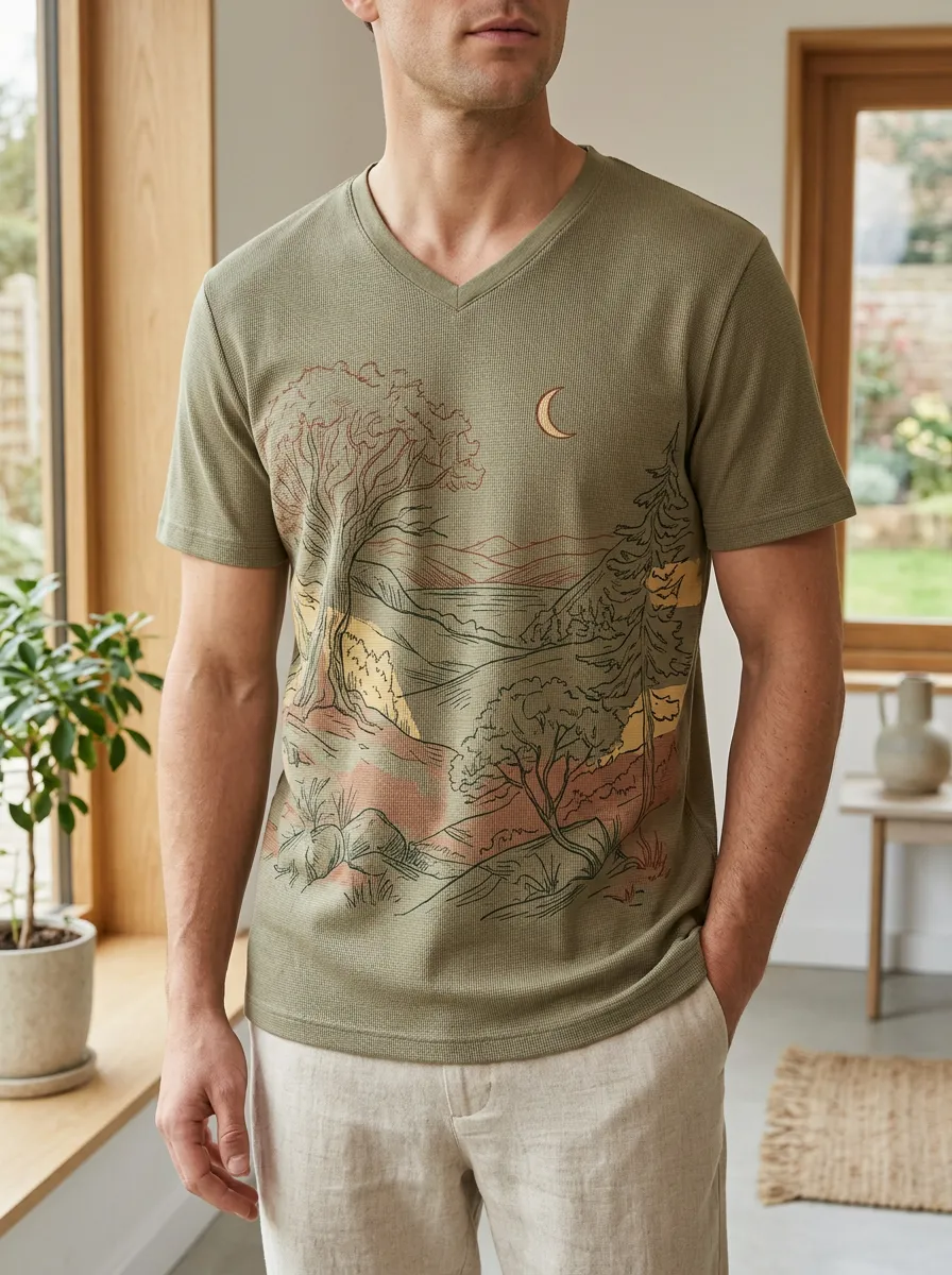 Men's Nature Lover Moon Forest Landscape Printed V-Neck T-Shirt