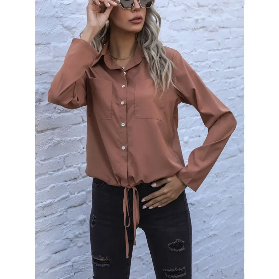 Perfee Tied Hem Button Down Long Sleeve Shirt