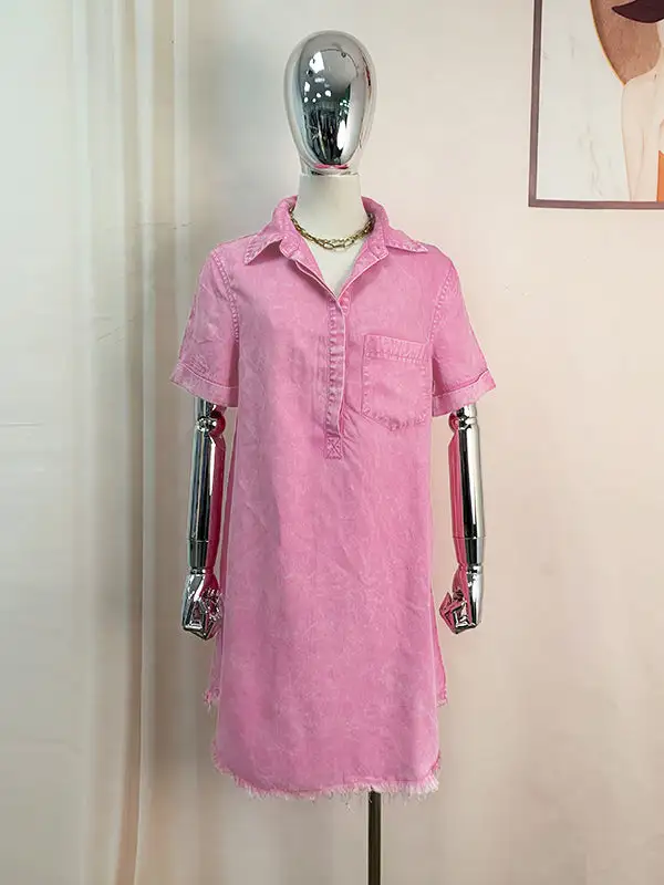 A Line Relaxed Fringed Pleated Pocket Split Joint Lapel Mini Dress