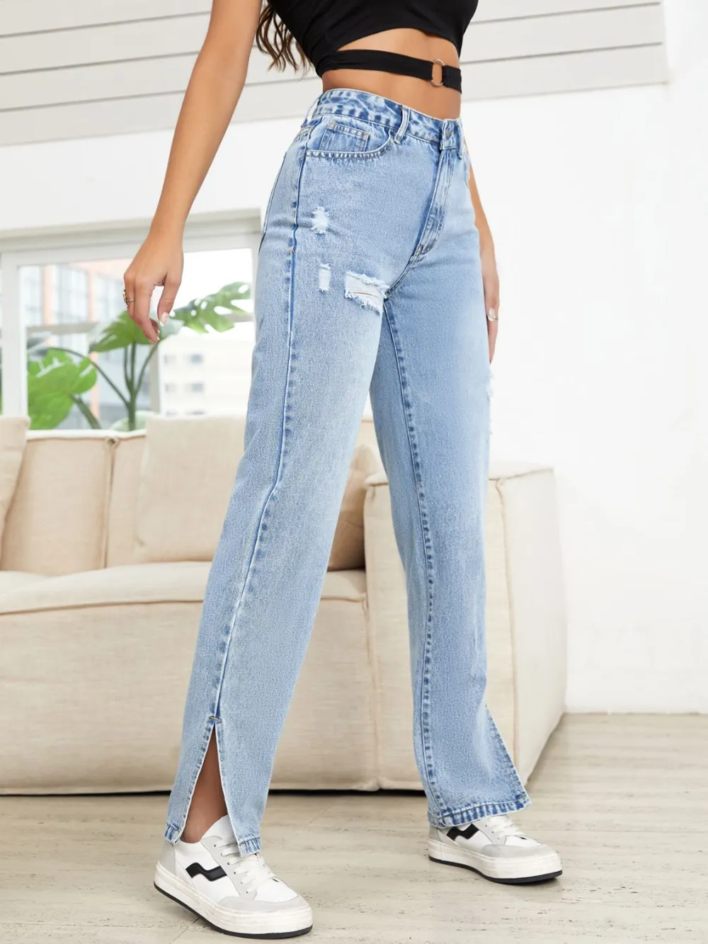 Straight Leg Distressed Slit Denim Jeans
