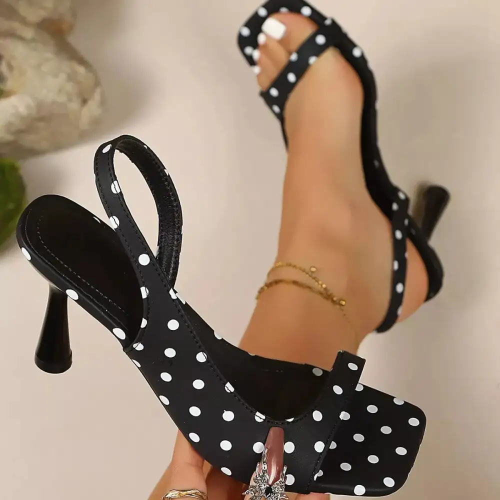 Polka Dot Open Toe Flare Heels Sandals