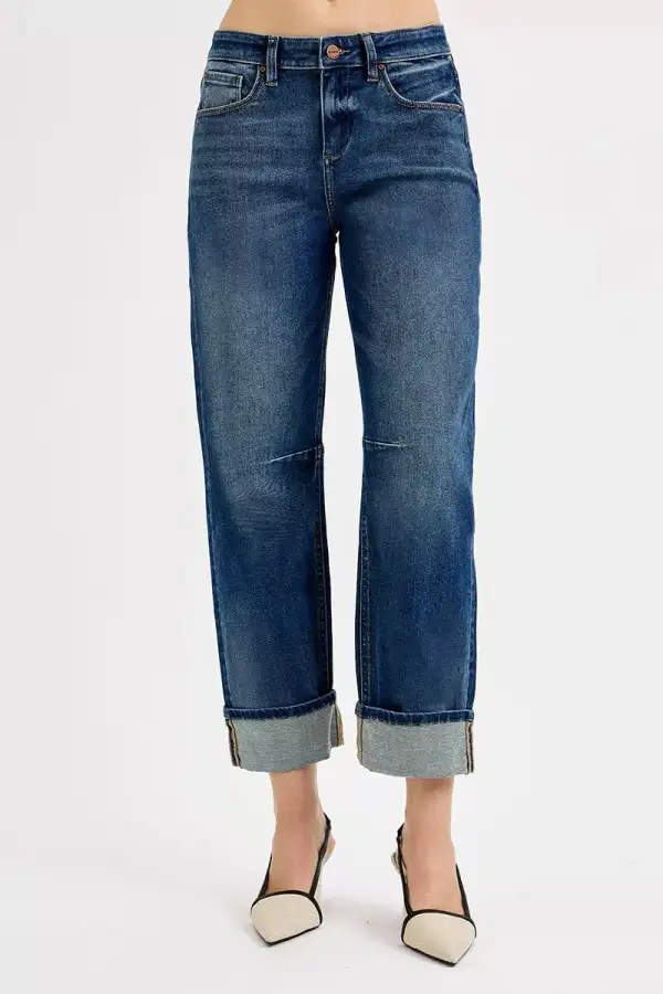 Textured Barrel Leg Cuffed Denim Jeans