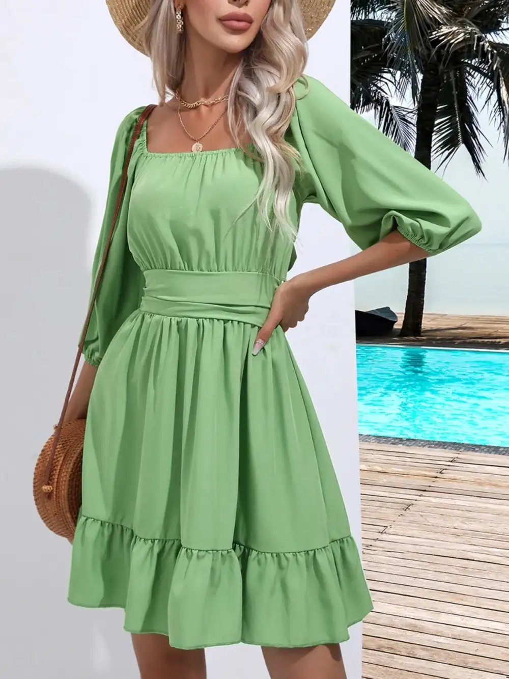 Smooth Finish Square Neck Ruffle Dress