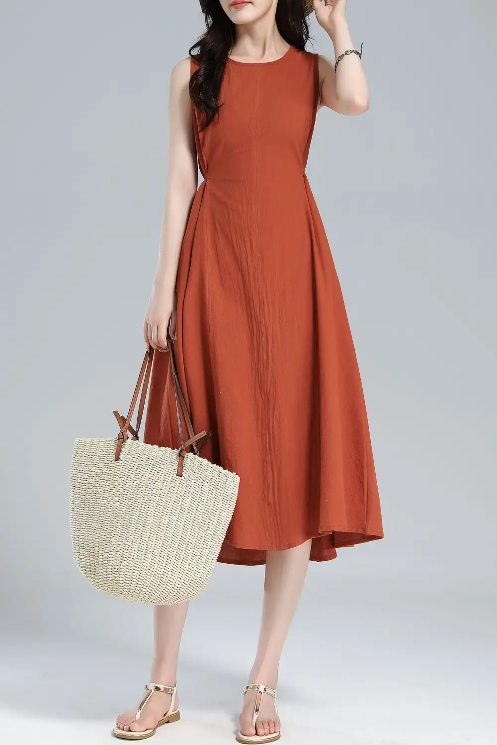 Refined Linen Cotton A Line Sleeveless Midi Dress
