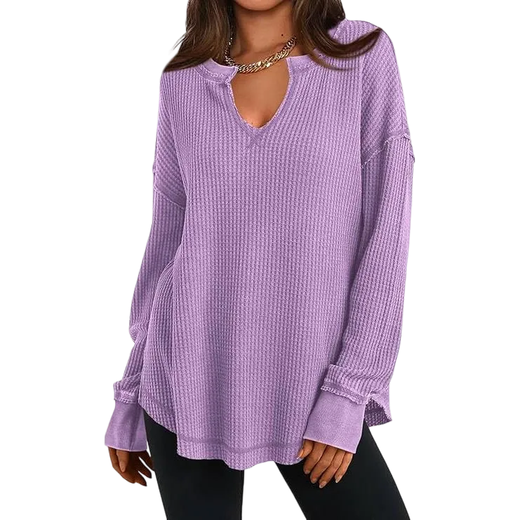 Women‘s Waffle Knit Long Sleeve Casual V Neck Shirts