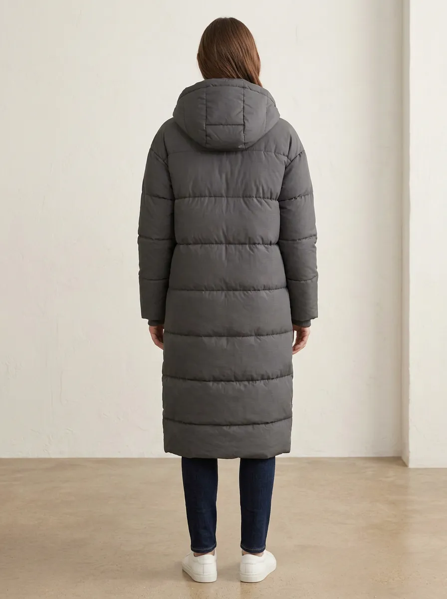 Warm-Look Padded Long Hooded Coat