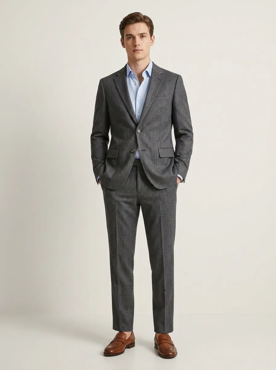Men's Regular Fit Business Formal Charcoal Grey Wool Blend Suit Set