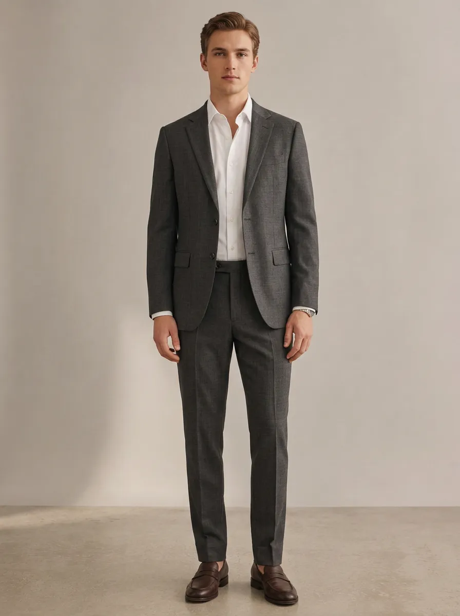 Men's Two Button Structured Fit Business Formal Charcoal Grey Tailored Suit Set