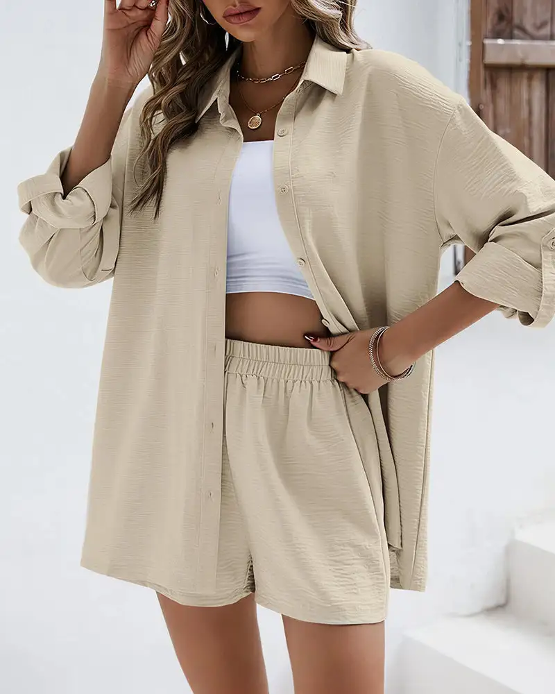 Long Sleeve Button-Down Shirt and High Waist Shorts Casual Two-Piece Set