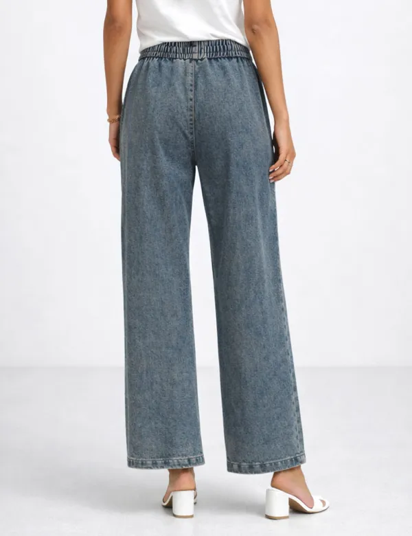 Star Embroidery Elastic Waist Wide Leg Denim Pants