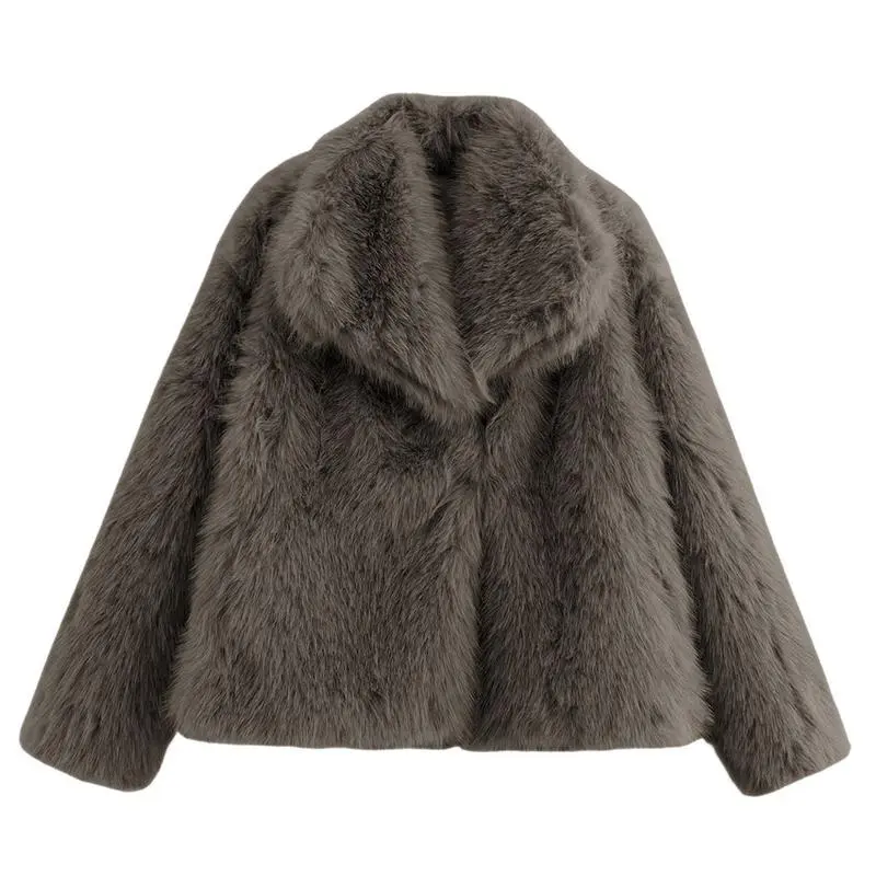 Women's Luxurious Oversize Solid Color Wide Lapel Snap Closure Fuzzy Thermal Outerwear, Fall & Winter Long Sleeve Outerwear, Faux Fur Outfit