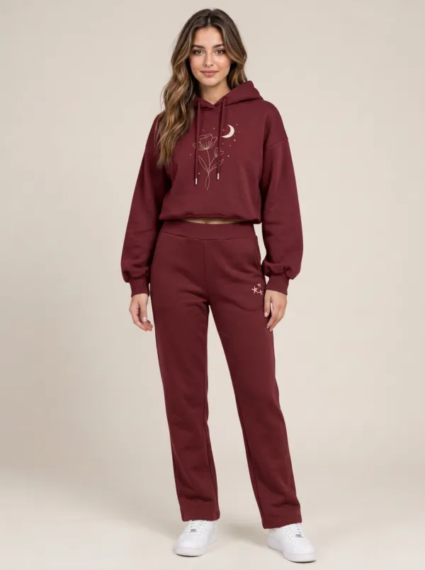 Women's Sage Green Cropped Hoodie Solid Hoodie & Straight-Leg Pants Set