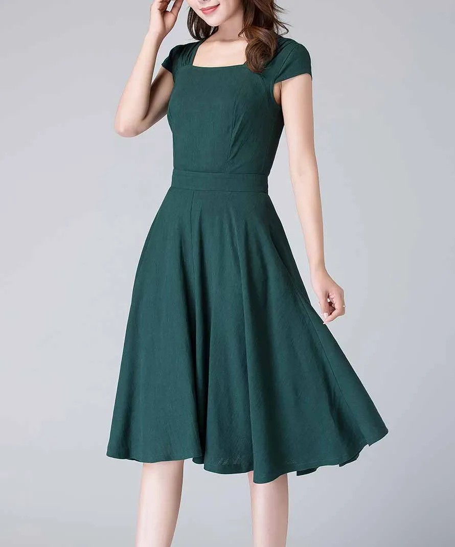 Classic Linen Cotton Fit And Flare Swing Midi Dress