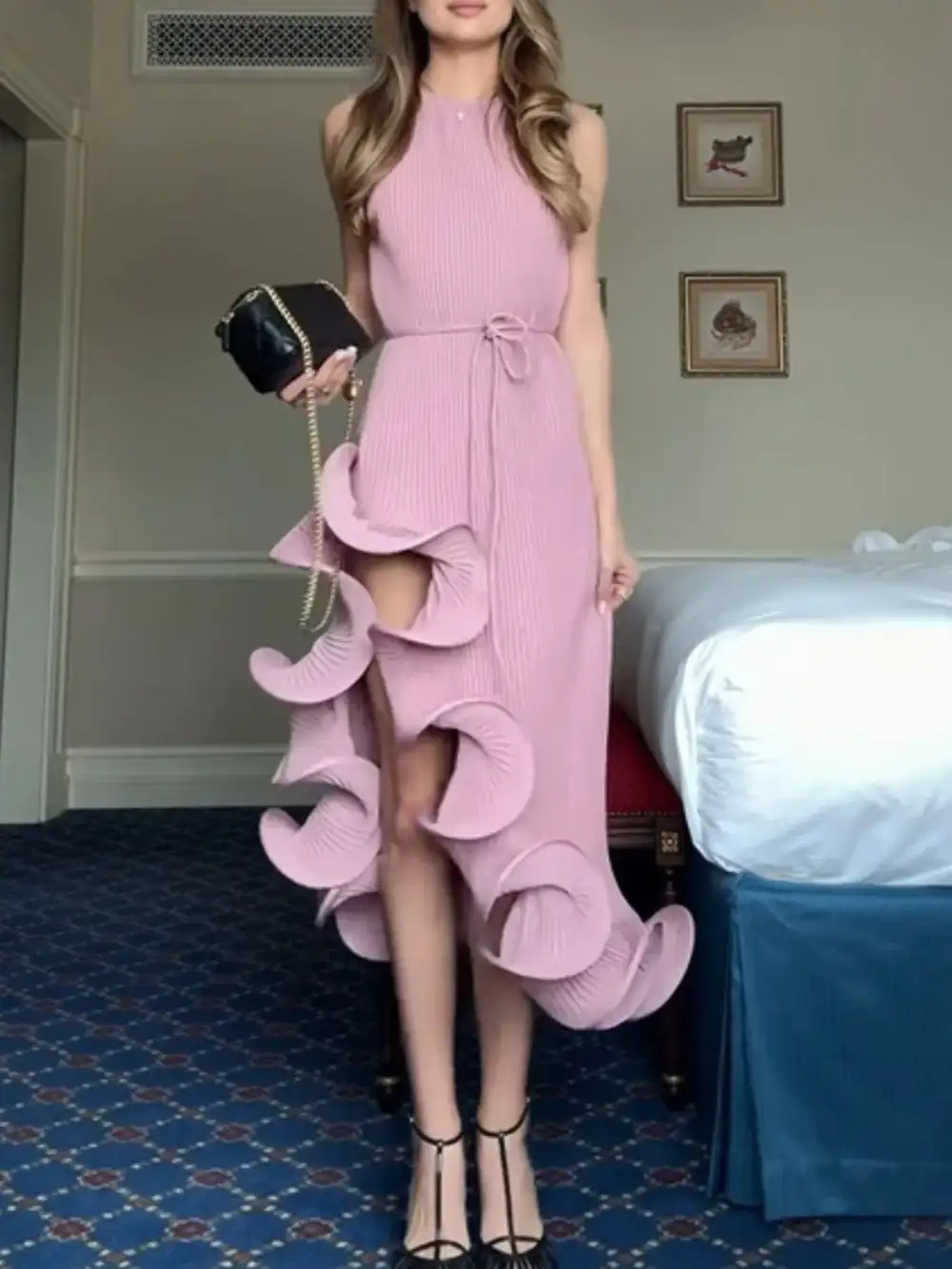 Ribbed Ruffle Sleeveless Dress Casual