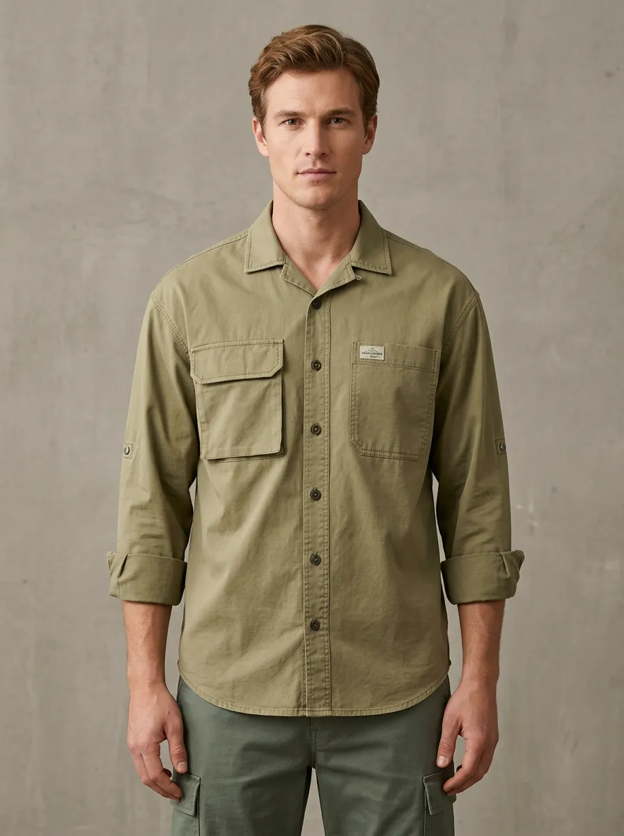 Men's Olive Green Utility Button-Down Shirt - Design F