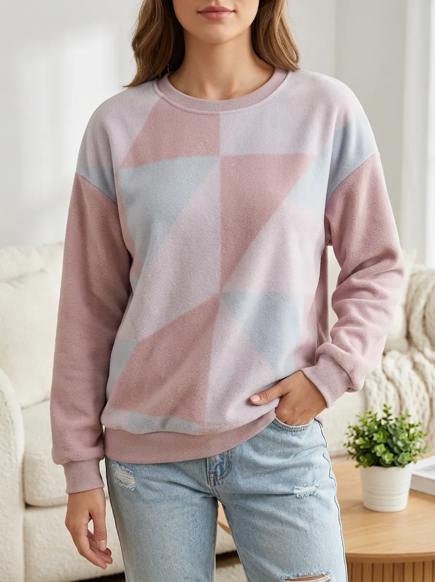 Women's Dusty Rose & Geometric Print Crewneck Sweatshirt