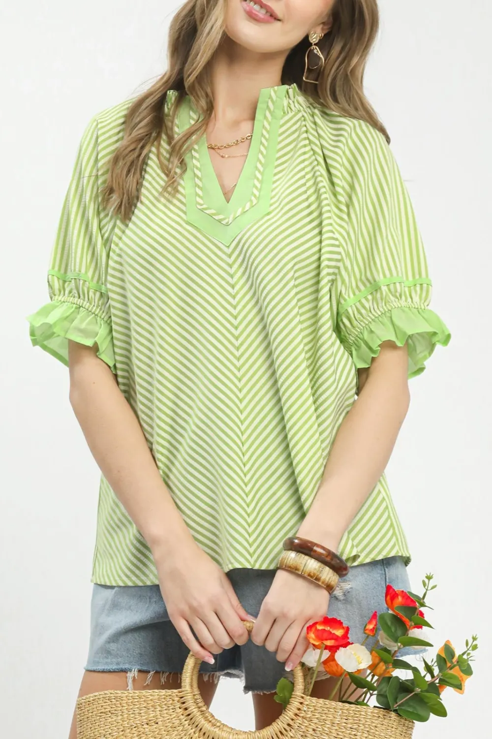 Ruffle Sleeve Split Neck Striped Blouse