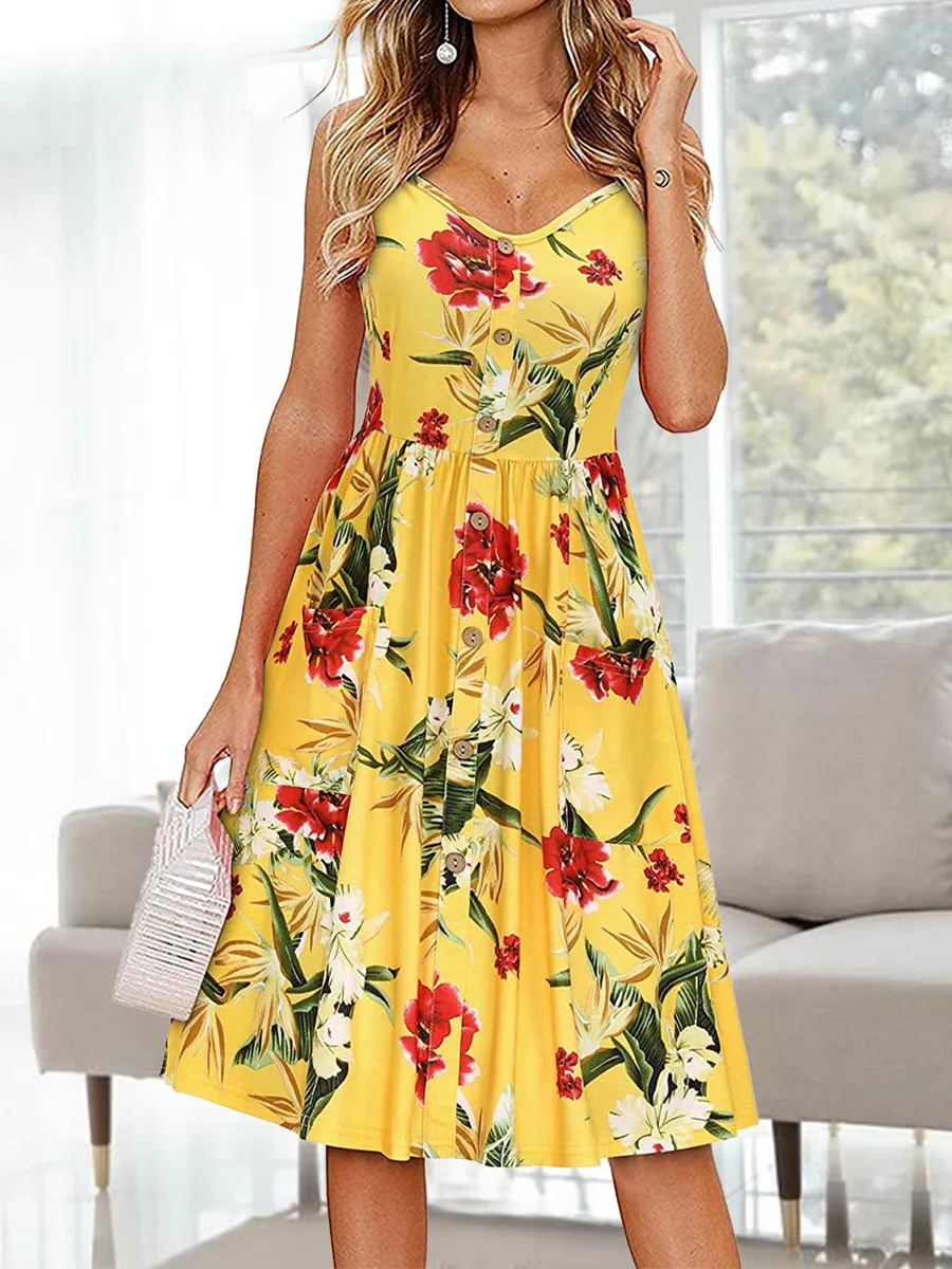 Casual V-Neck Floral Print Sleeveless Slip Midi Dress