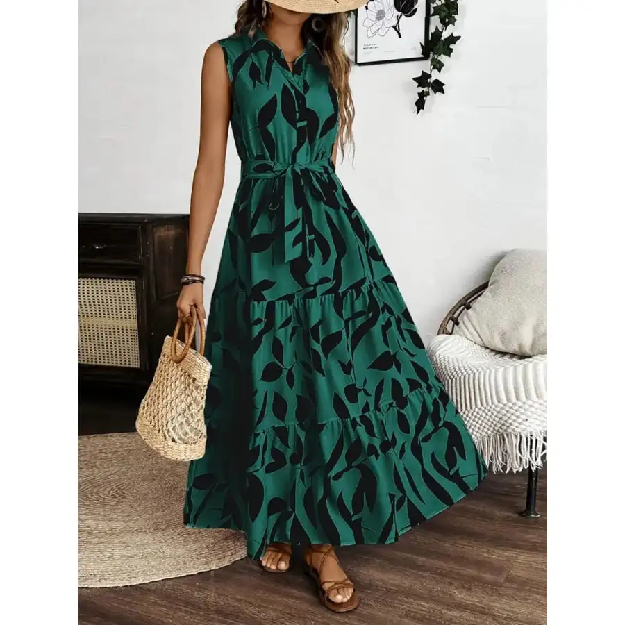 Printed Tie Waist Sleeveless Maxi Dress