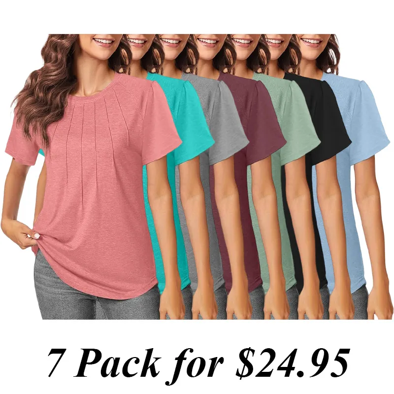 5PACK-Casual Short Puff Sleeve Pleated Shirts Casual Blouses