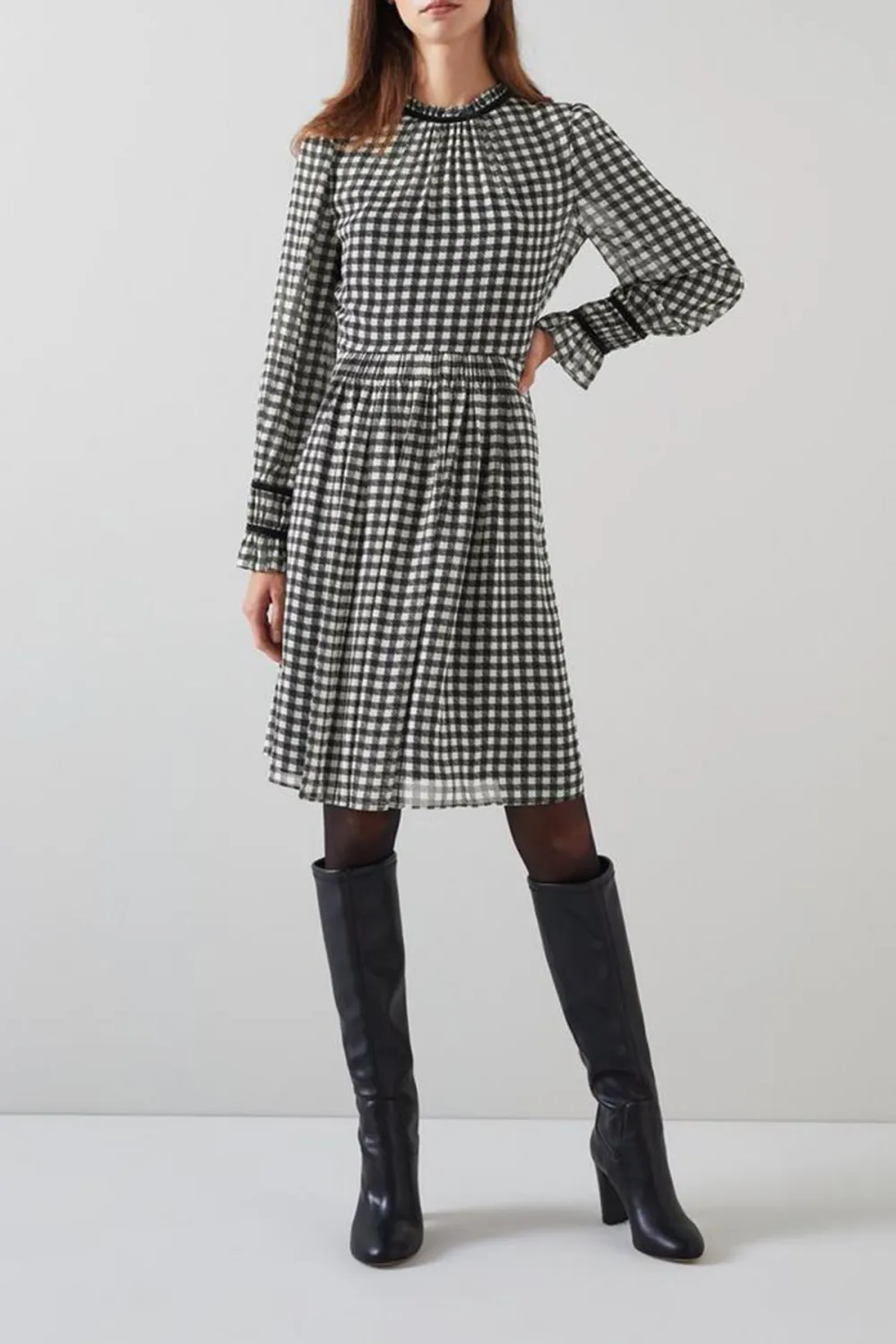 Black Cream Checkered Long Sleeve Midi Dress