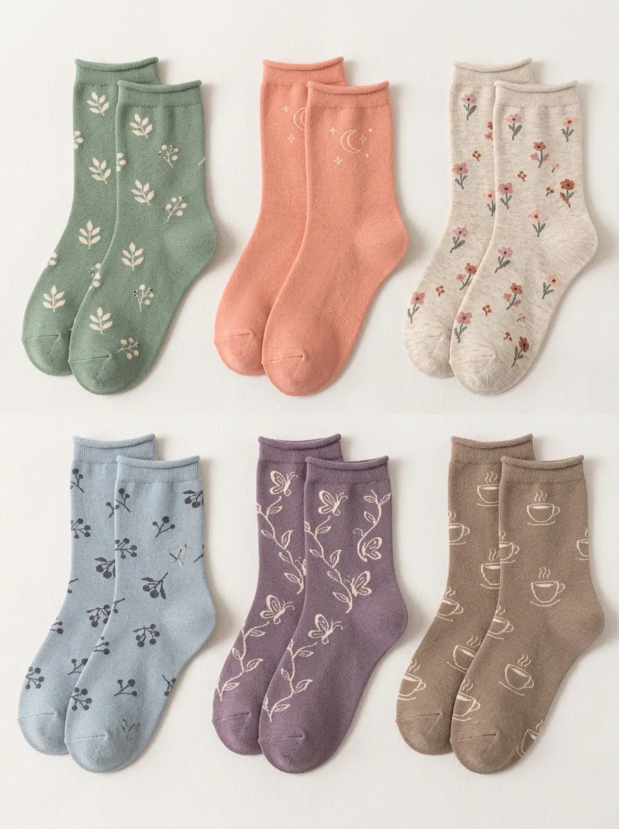 Women's Whimsical Mixed Print Crew Socks Six Pair Set