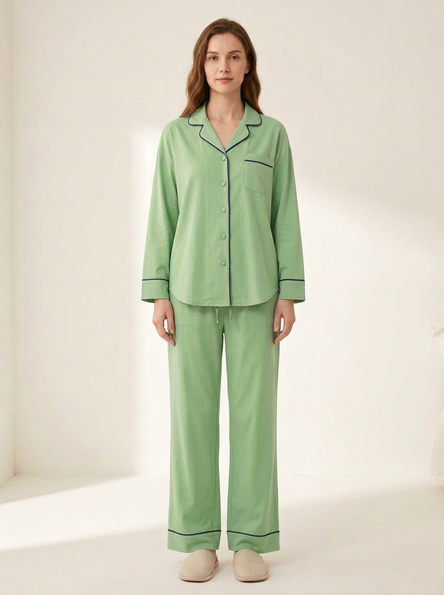 Women's Contrast-Piped Button-Down Drawstring Pajama Set