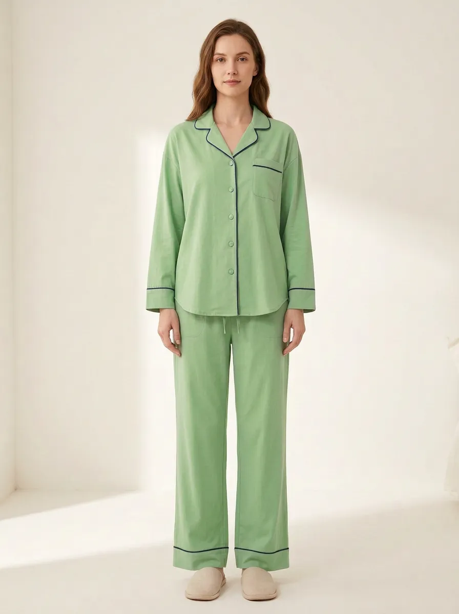 Women's Contrast-Piped Button-Down Drawstring Pajama Set
