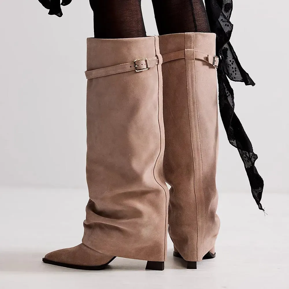 Faux-Suede Buckle-Detail Pointed-Toe Chunky-Heel Knee-High Boots