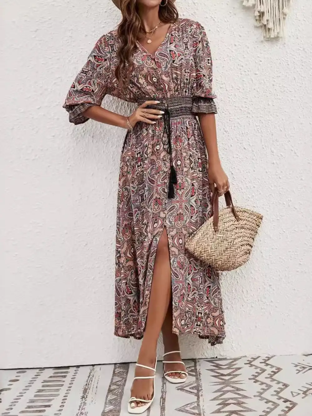 Paisley Print Slit Short Sleeve Midi Dress
