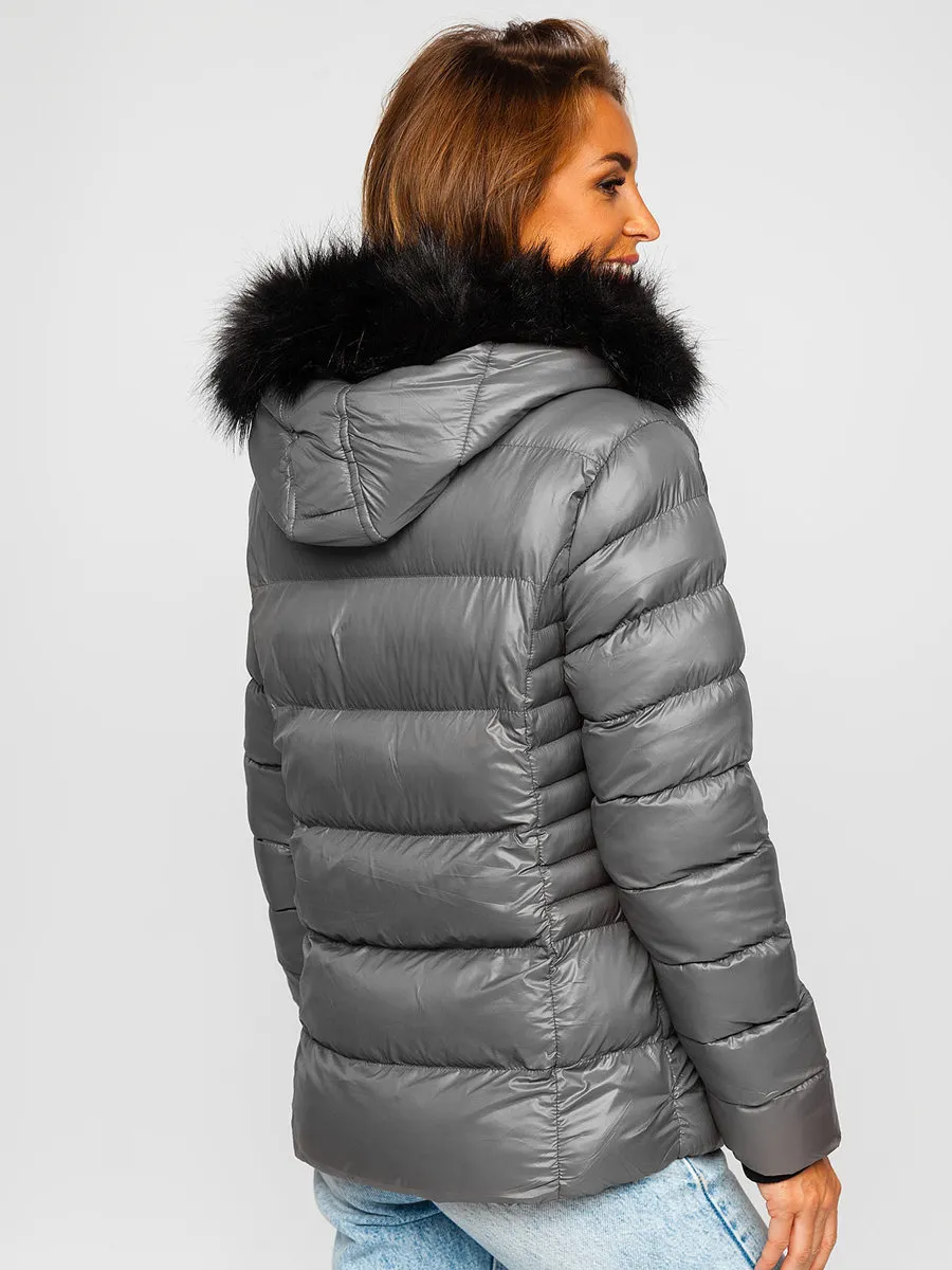 women's gray quilted winter jacket with hood