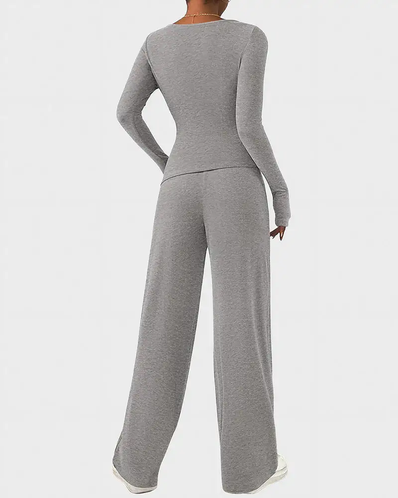 Asymmetrical Long Sleeve Top and Wide Leg Pants Lounge Set