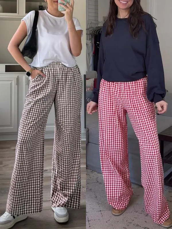 Women's High-Waisted Casual Striped And Checkered Wide-Leg Pants