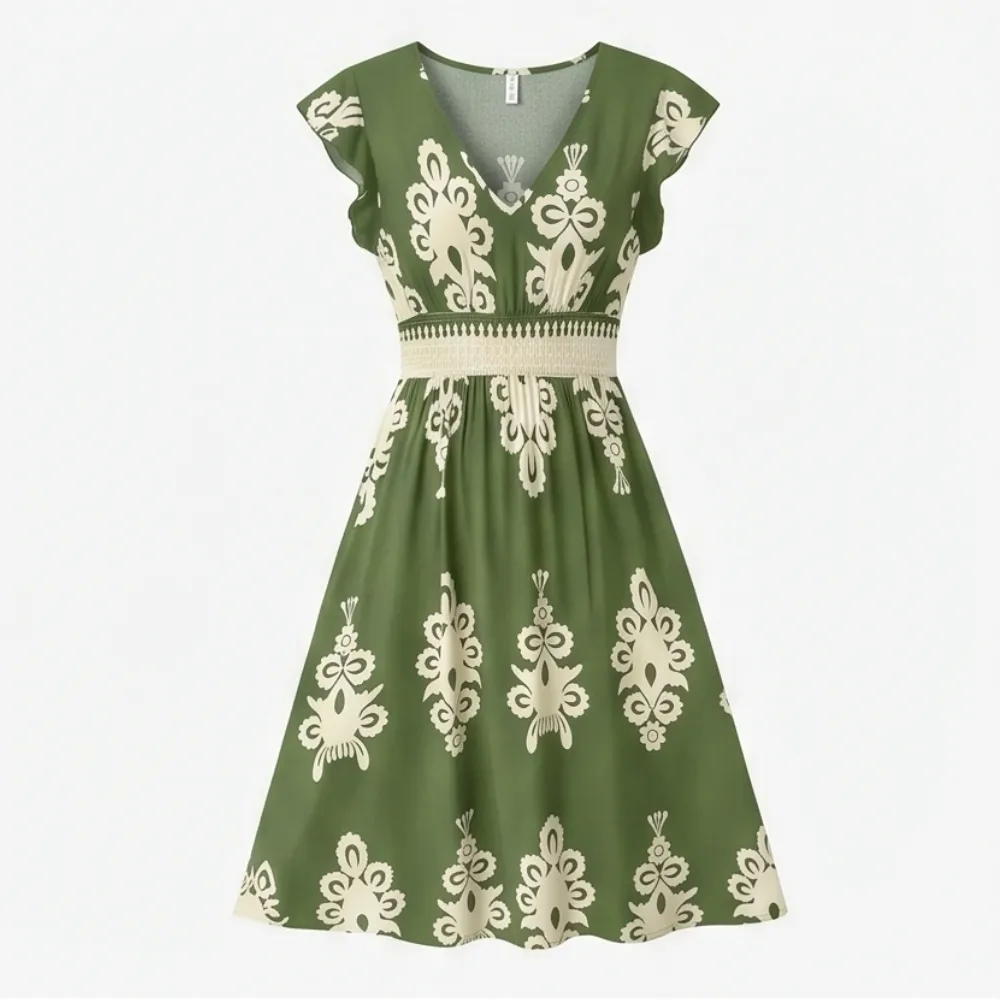 V Neck Printed Damask Midi Dress