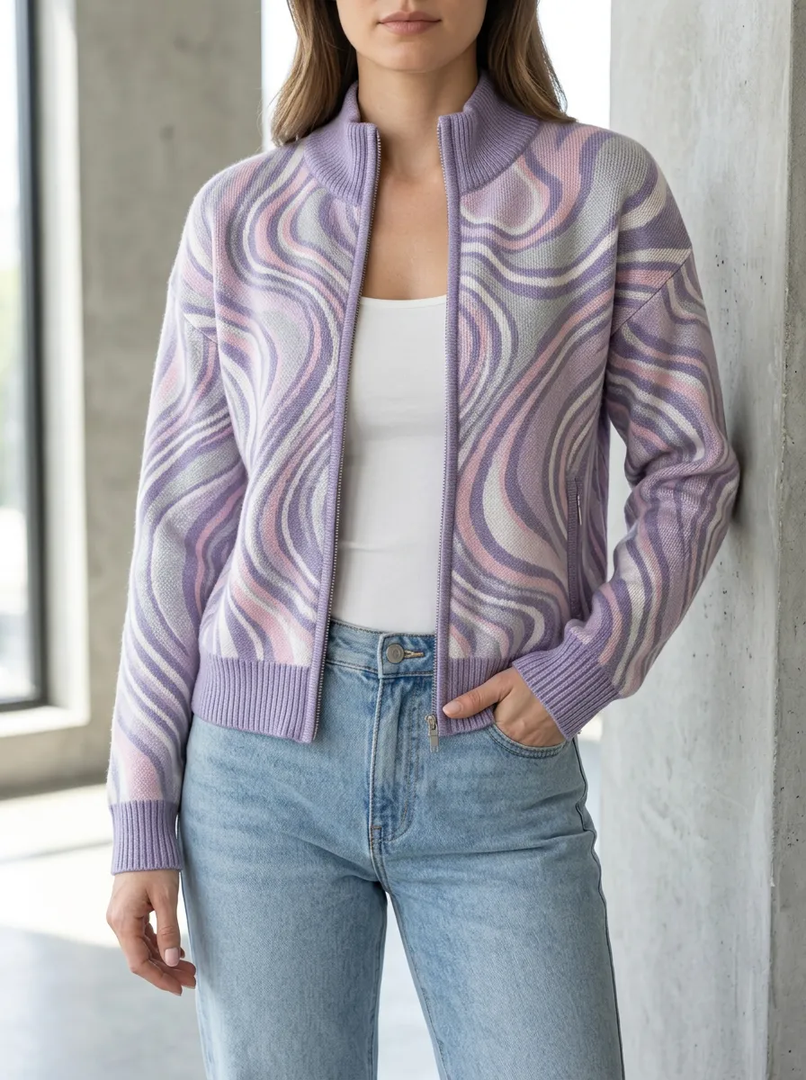 Women's Purple Swirl Pattern Knitted Zip-up Cardigan
