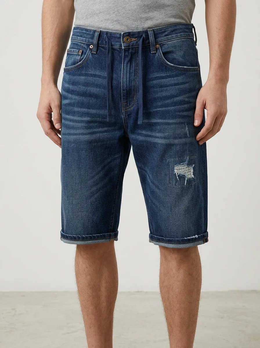Men's Distressed Drawstring Distressed Denim Shorts