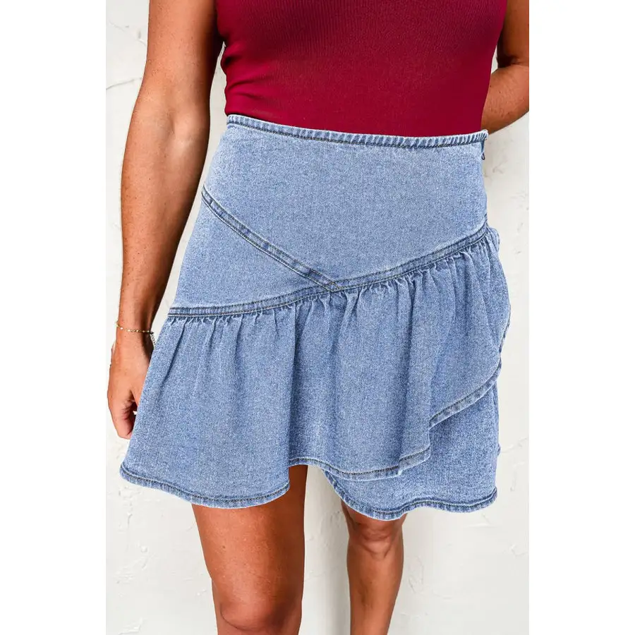 Asymmetric Ruffle Overlay Denim Mini Skirt
