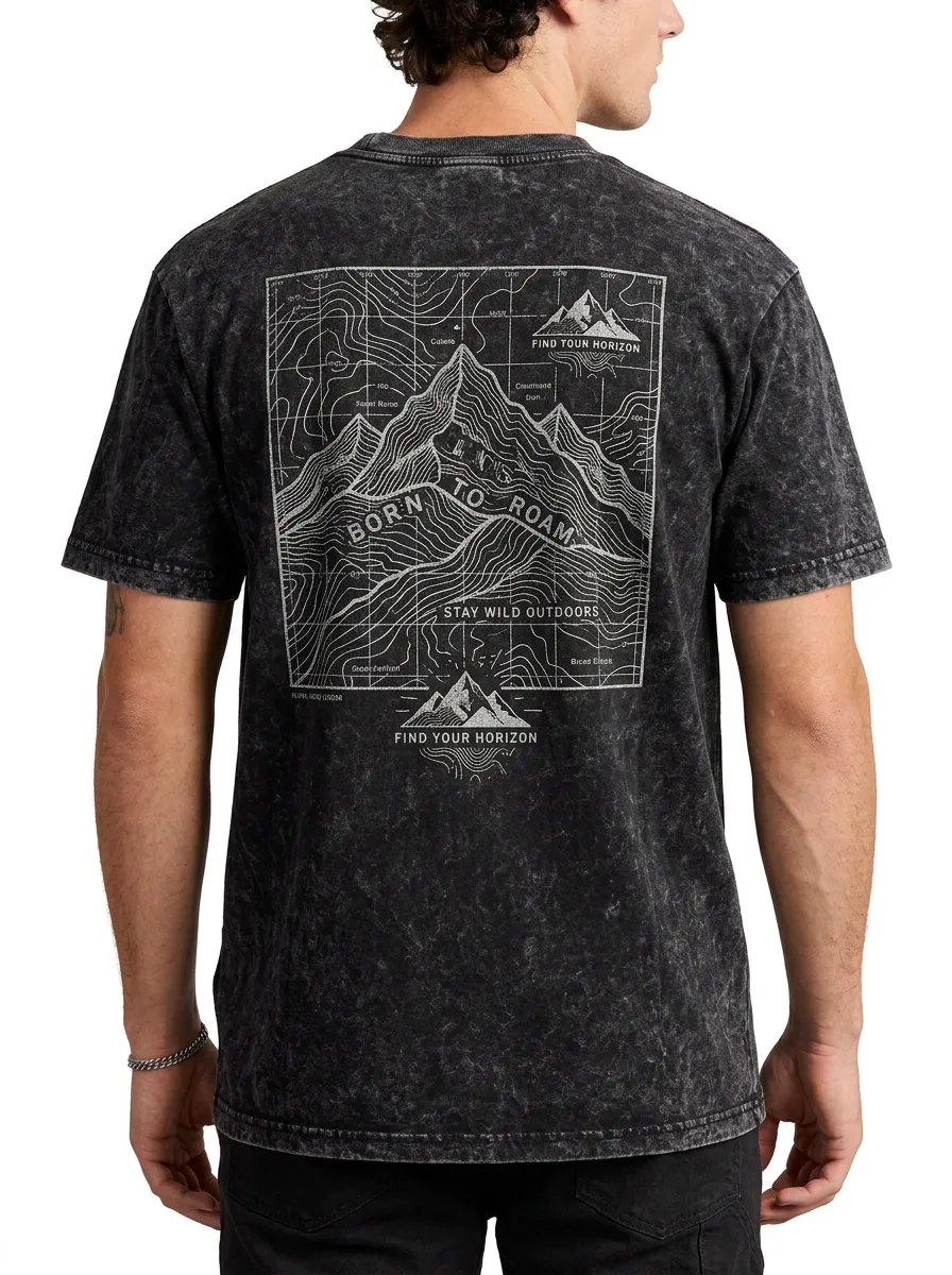 Men's Outdoor Hiking Born To Roam Mountain Topographic Printed T-shirt