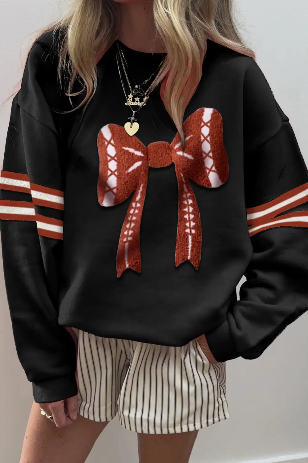 Relaxed Striped Bow Accent Graphic Sweatshirt