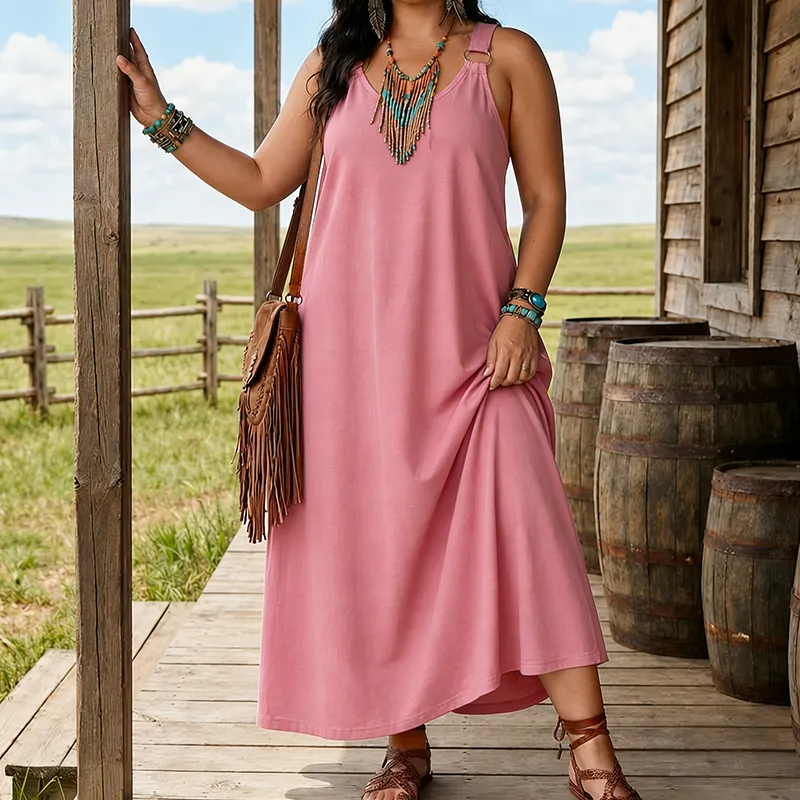 Women’s Sleeveless Denim Maxi Dress with Adjustable Cross Back Straps