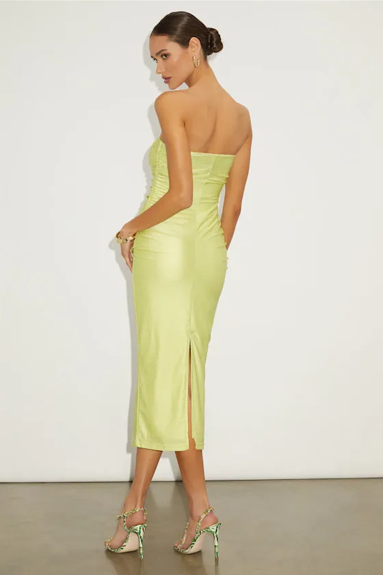 Gorgeous Reputation Copper Brown Strapless Ruched Midi Dress