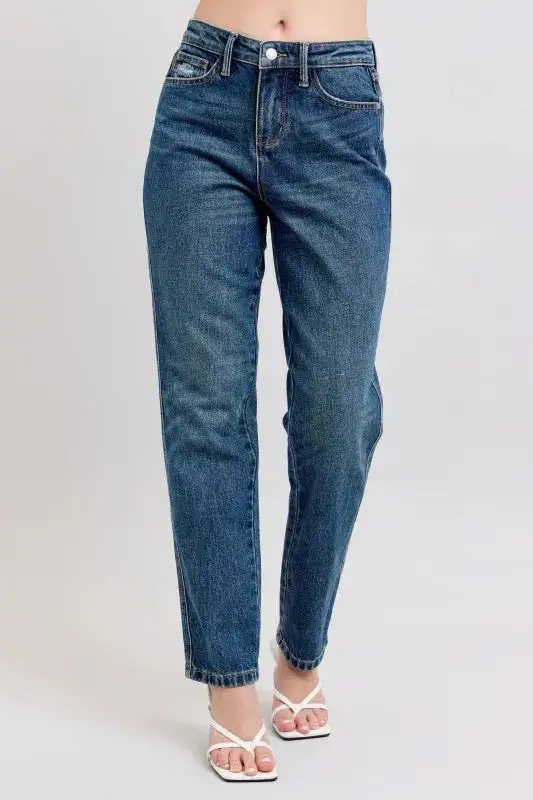 High-Waist Cropped Distressed Washed Straight Leg Jeans