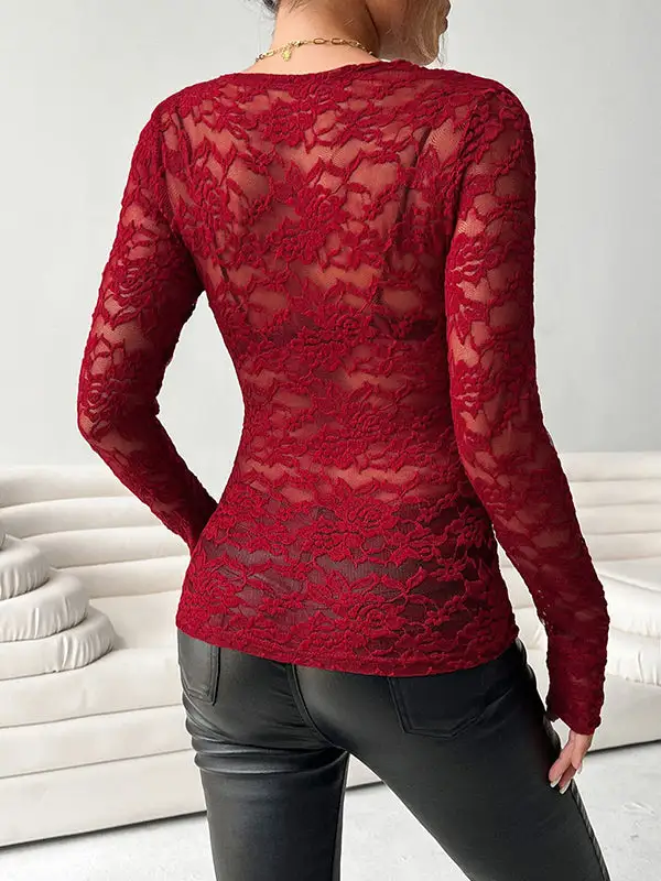 Long Sleeve Slim Fit Sheer Deep V-Neck T-Shirt