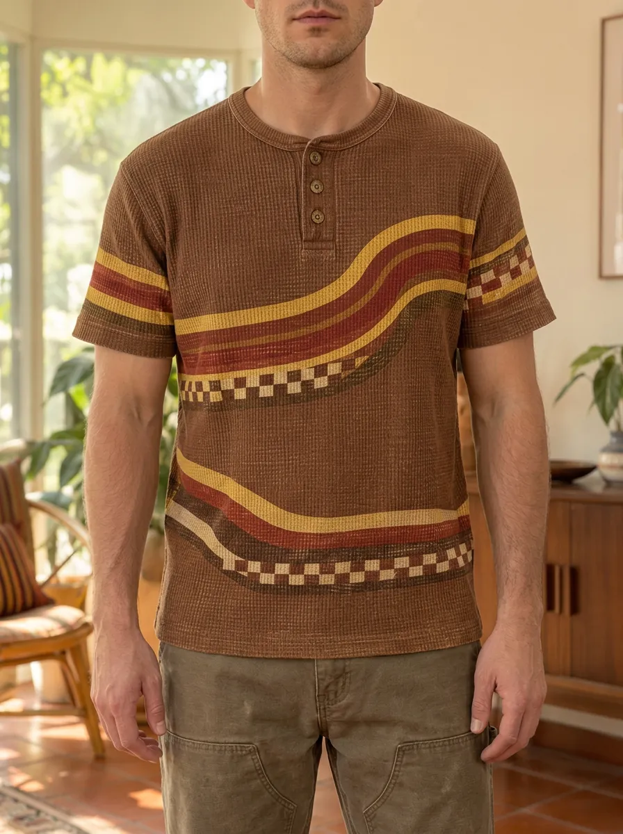 Men's Modern Retro Waffle Knit Wavy Checkered Henley T-Shirt