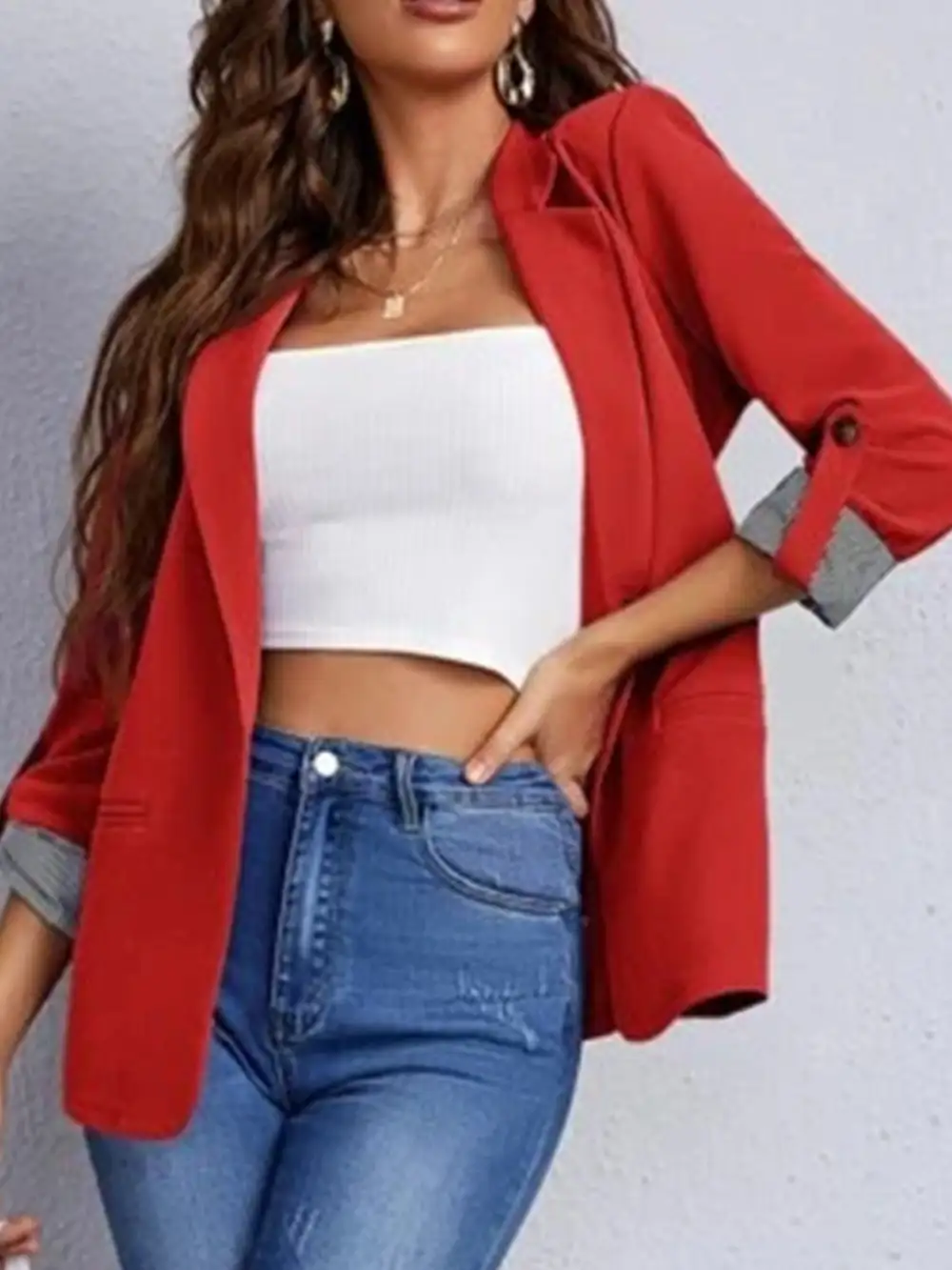 Lapel Collar Roll Tab Sleeve Blazer
